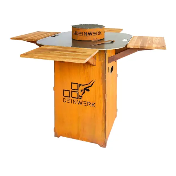 Steckbares Grillfass aus Corten mit Feuerplatte und 4 Tischen exklusiv für Selbstabholer von DEINWERK