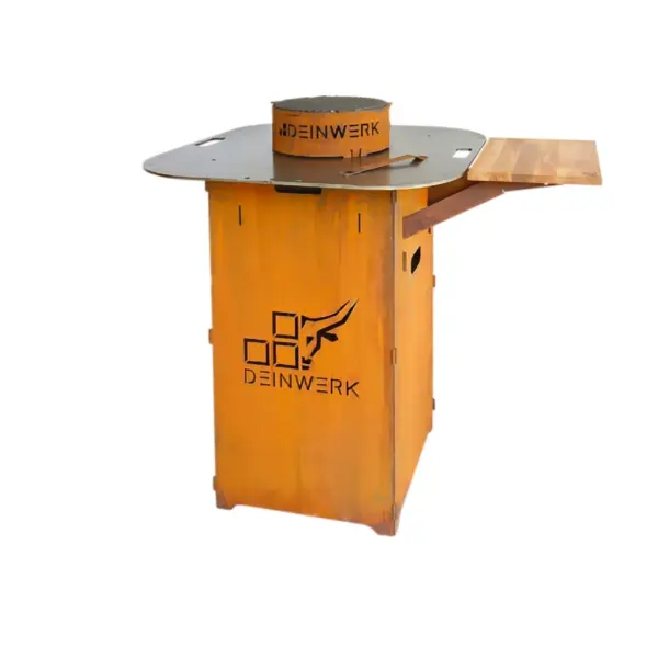 Steckbares Grillfass aus Corten mit Feuerplatte und Tisch exklusiv für Selbstabholer von DEINWERK